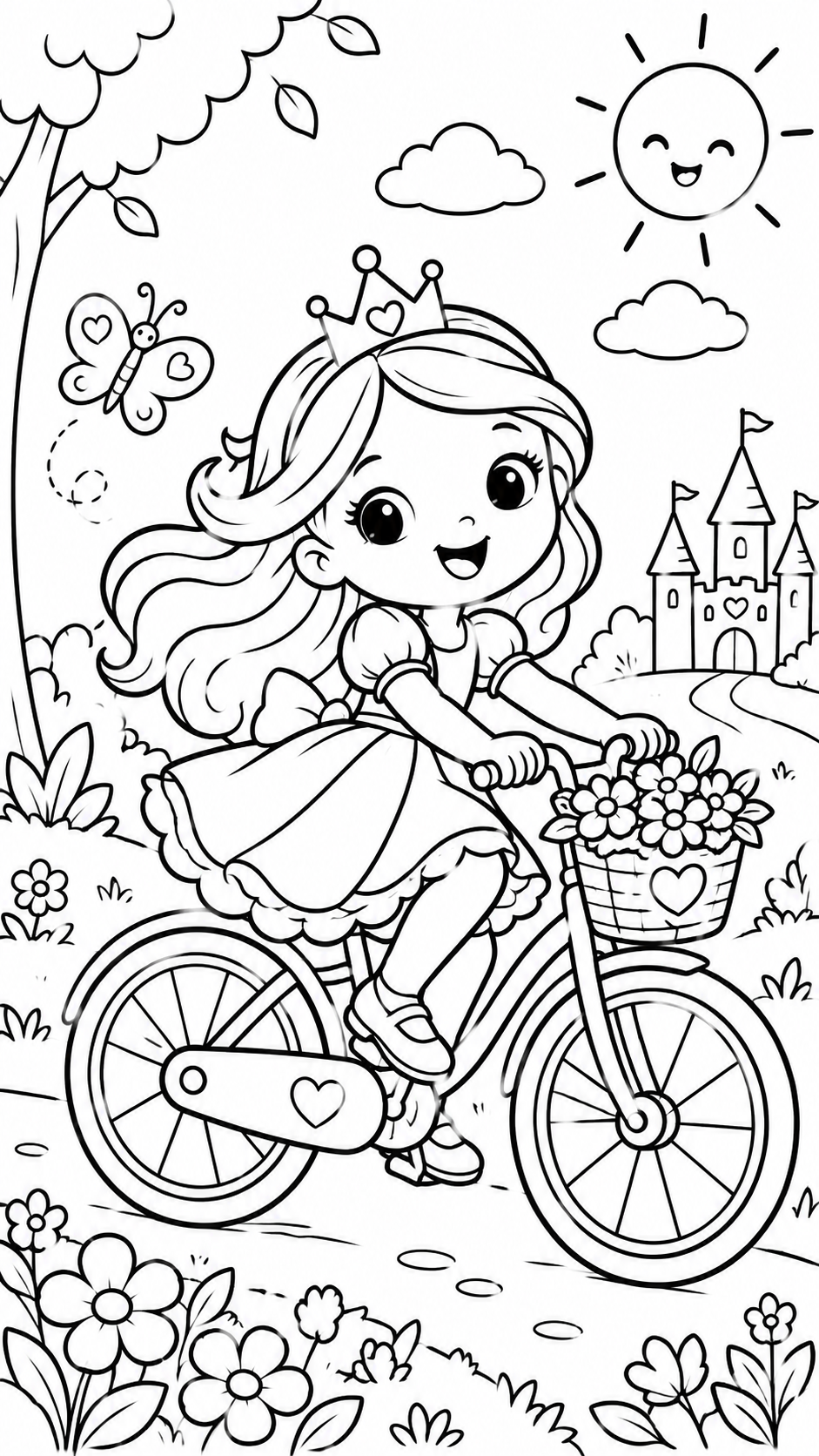 Princesa andando de bicicleta em um jardim para colorir