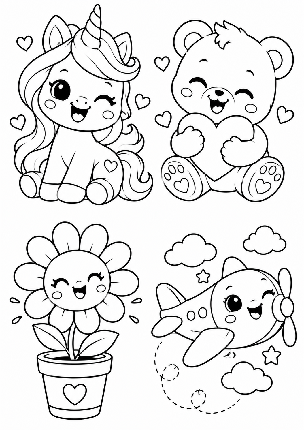 Desenhos de unicórnio, ursinho com coração, flor e avião para colorir