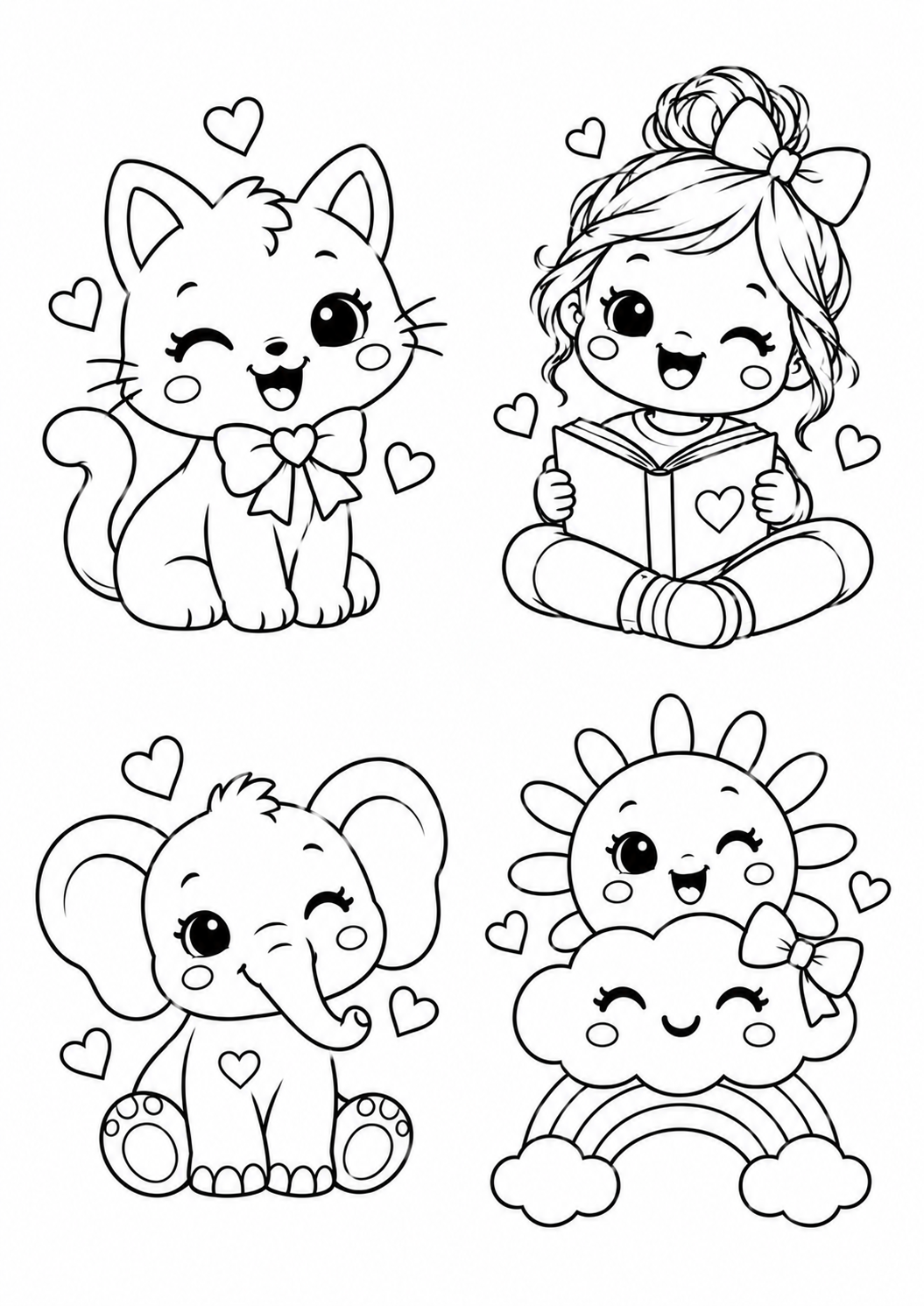 Desenhos de gatinho, criança lendo, elefante e arco-íris para colorir