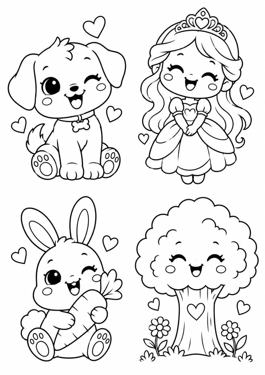Desenhos de cachorrinho, princesa, coelho e árvore para colorir