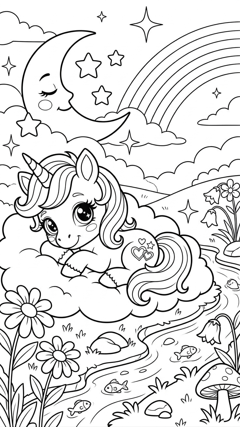 Unicórnio sob a lua e o arco-íris para colorir
