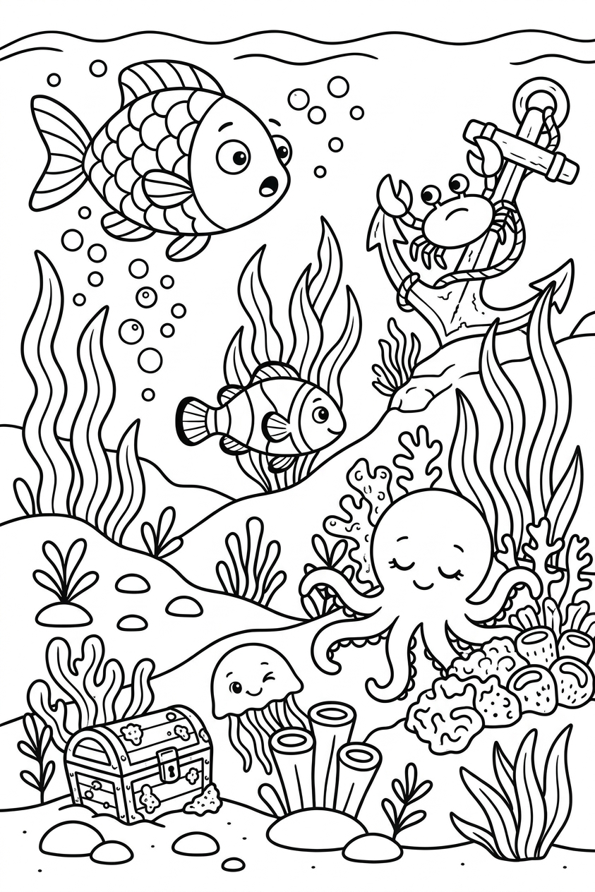 Animais e tesouro no fundo do mar para colorir