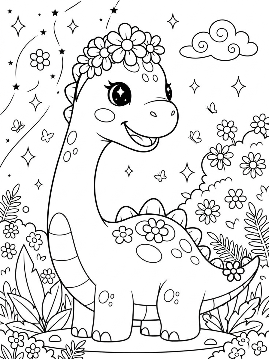 Dinossauro sorrindo entre flores para colorir
