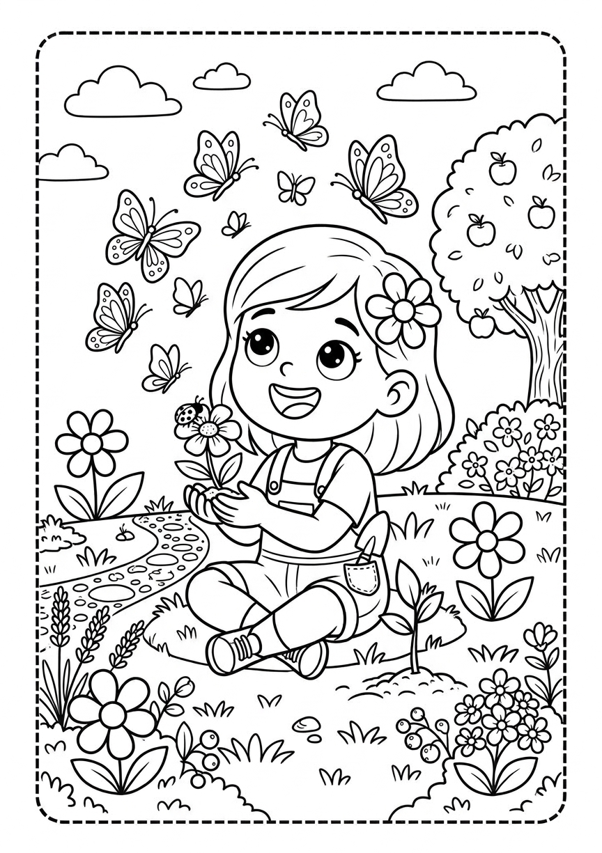 Menina observando borboletas no jardim para colorir