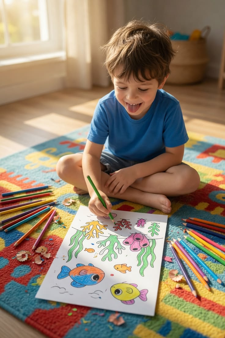 Menino colorindo um desenho em casa