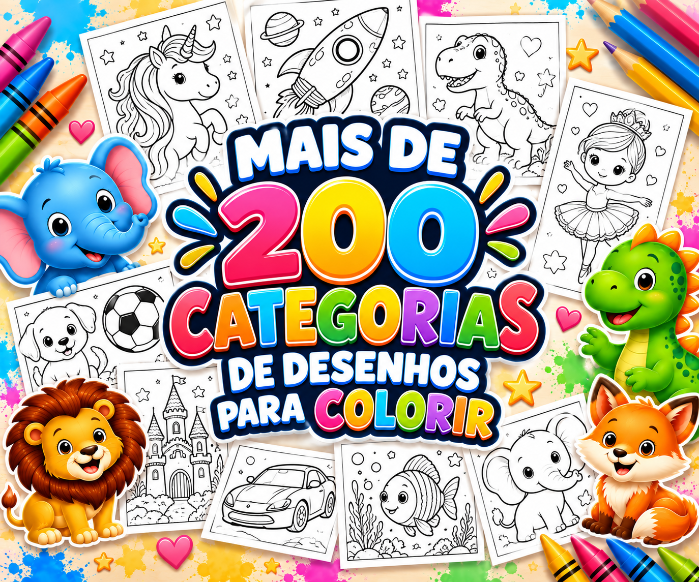 Mais de 200 categorias de desenhos para colorir, incluindo animais, dinossauros, princesas, veículos e natureza