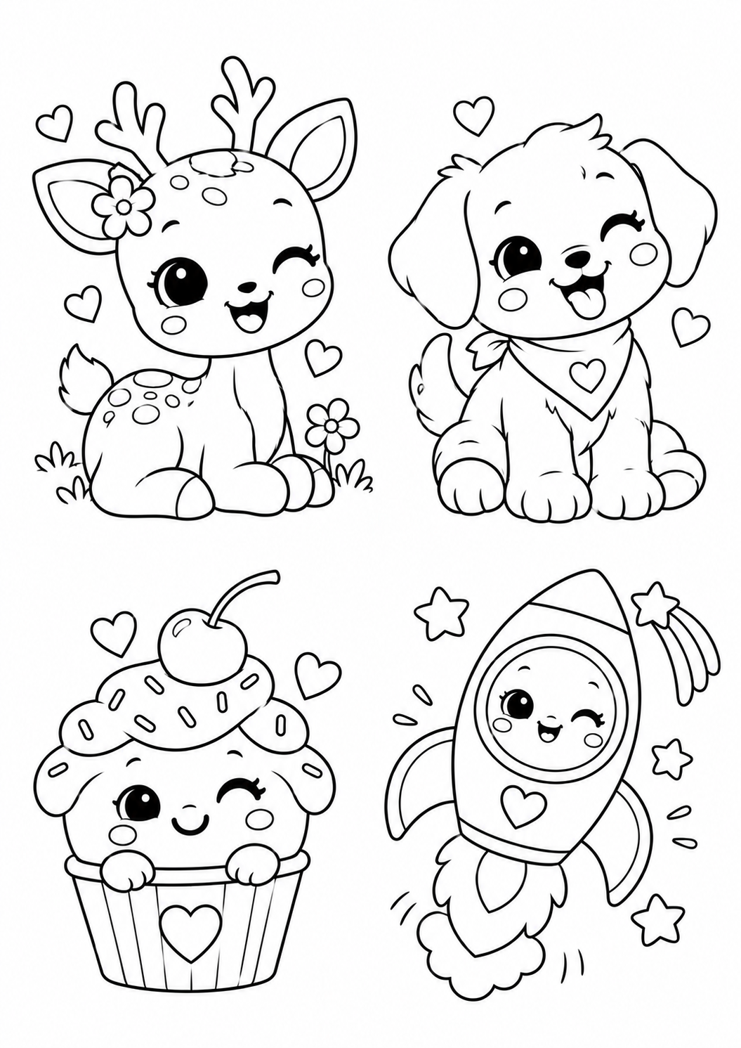 Desenhos de cervo, cachorrinho, cupcake e foguete para colorir