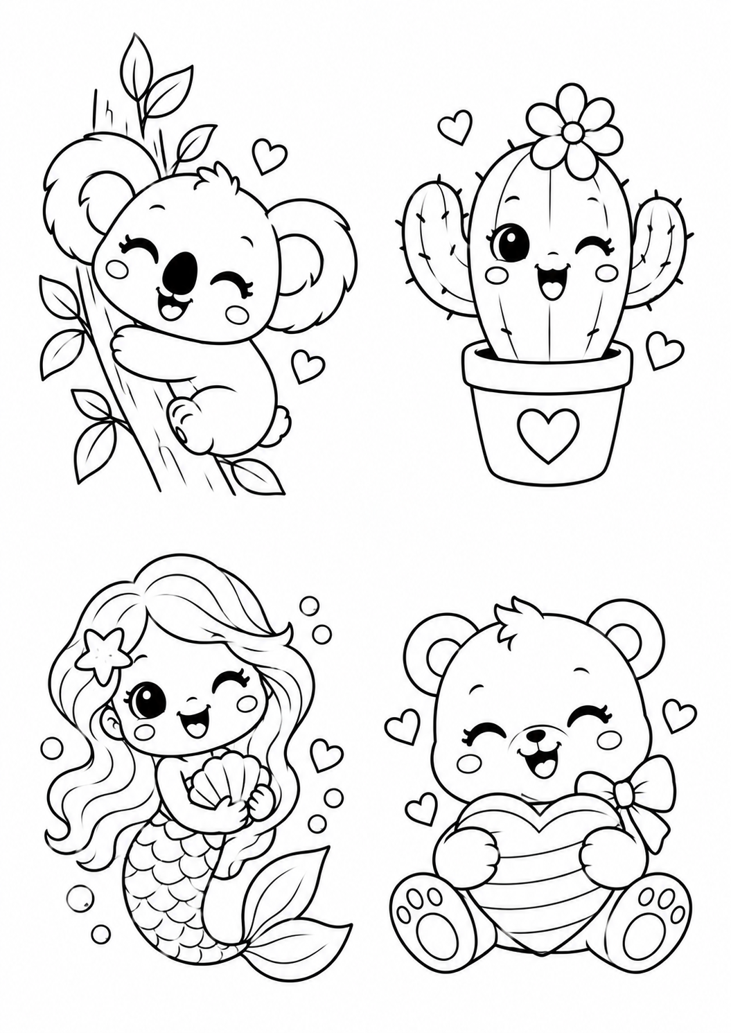 Desenhos de coala, cacto, sereia e ursinho para colorir