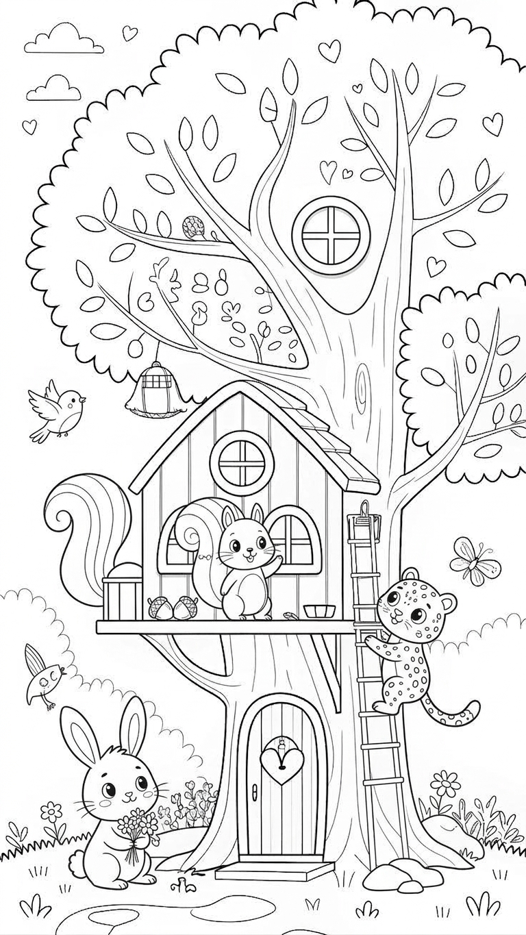 Casa na árvore com animais para colorir