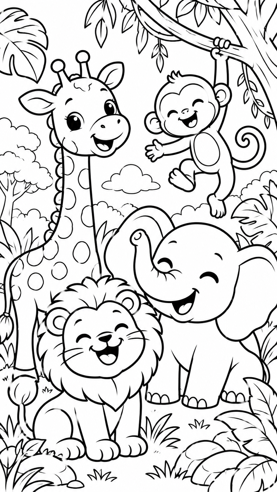 Girafa, macaco, leão e elefante no safari para colorir